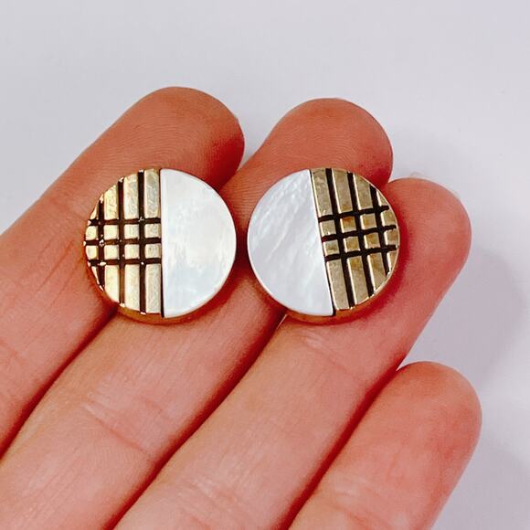 Vintage Modernist Geometric Cufflinks Mother Of Pearl Gold Tone 1960s 1970s - Picture 2 of 10